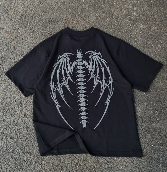 Black skeletal wings oversized tee